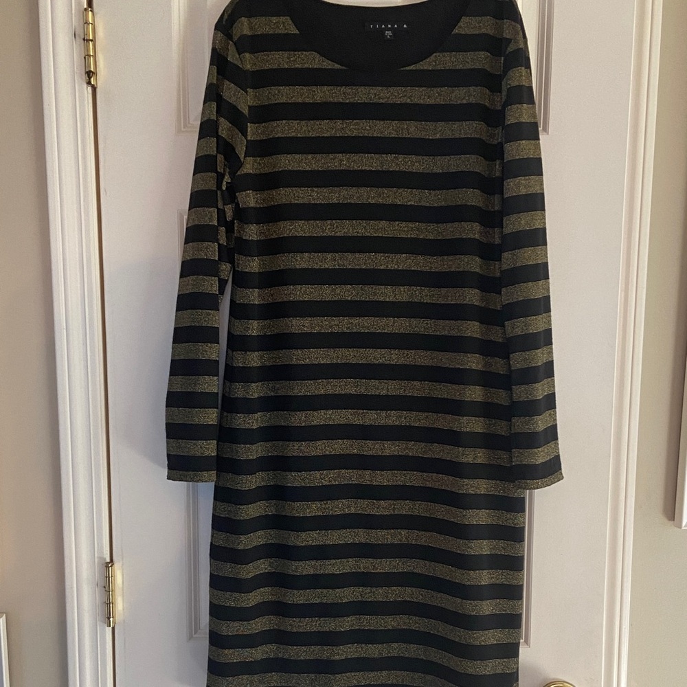 Tiana B. Black and Gold Striped Long Sleeve Dress